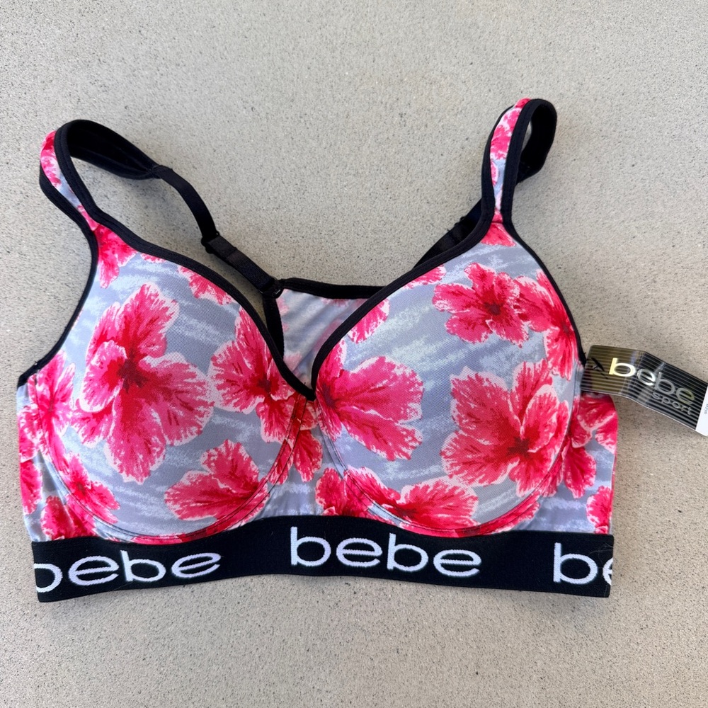 NWT bebe Pink Floral Padded Racerback Sports Bra, Size XL